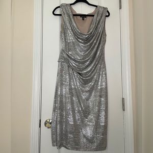 Connected Apparel Sz 12 Sleeveless Silver Party Dress with Cow Neck and Ruching